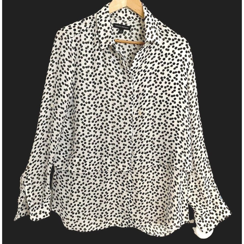 Banana Republic Sz L Tunic Top Layered White W Black Polka Dots Career Modest